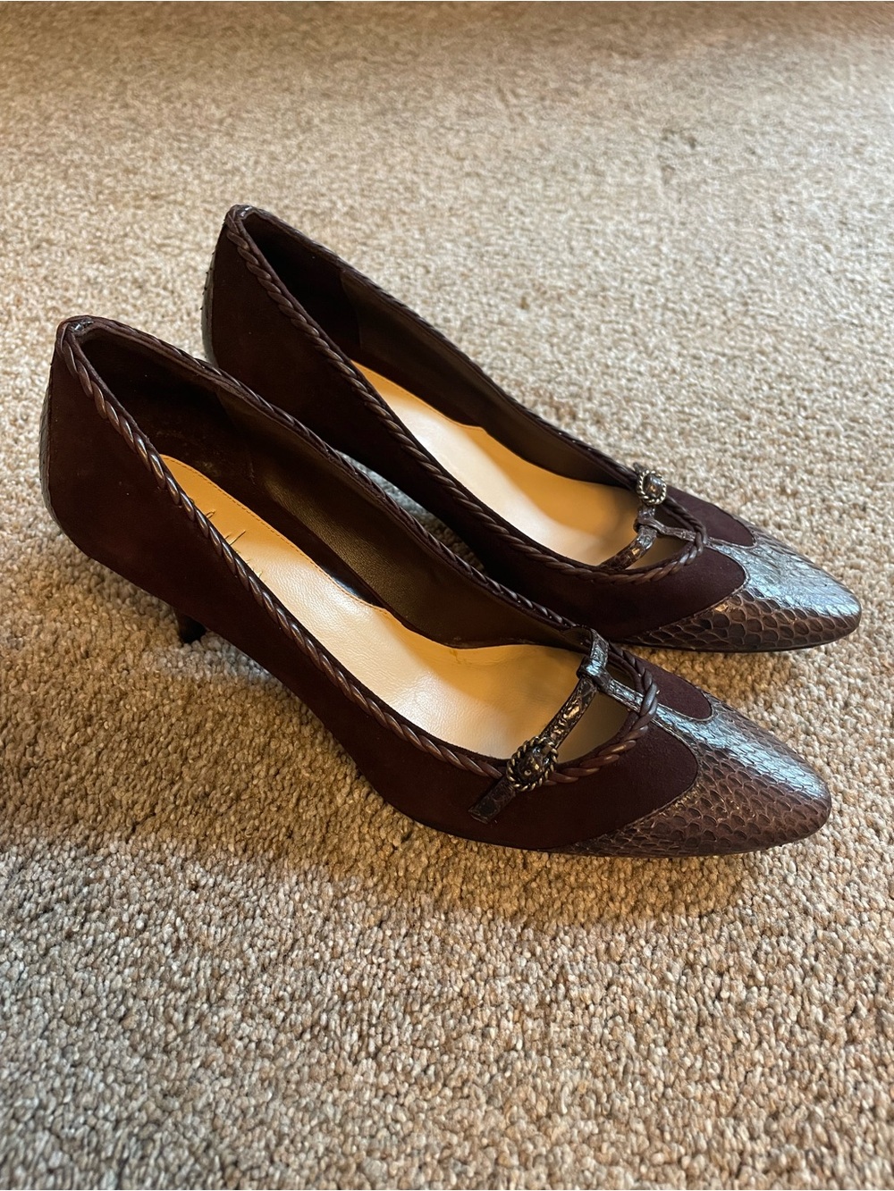 Cole Haan Nira Suede & Snake skin Pointed Toe Kitten Heel Pumps in Dark Brown 6